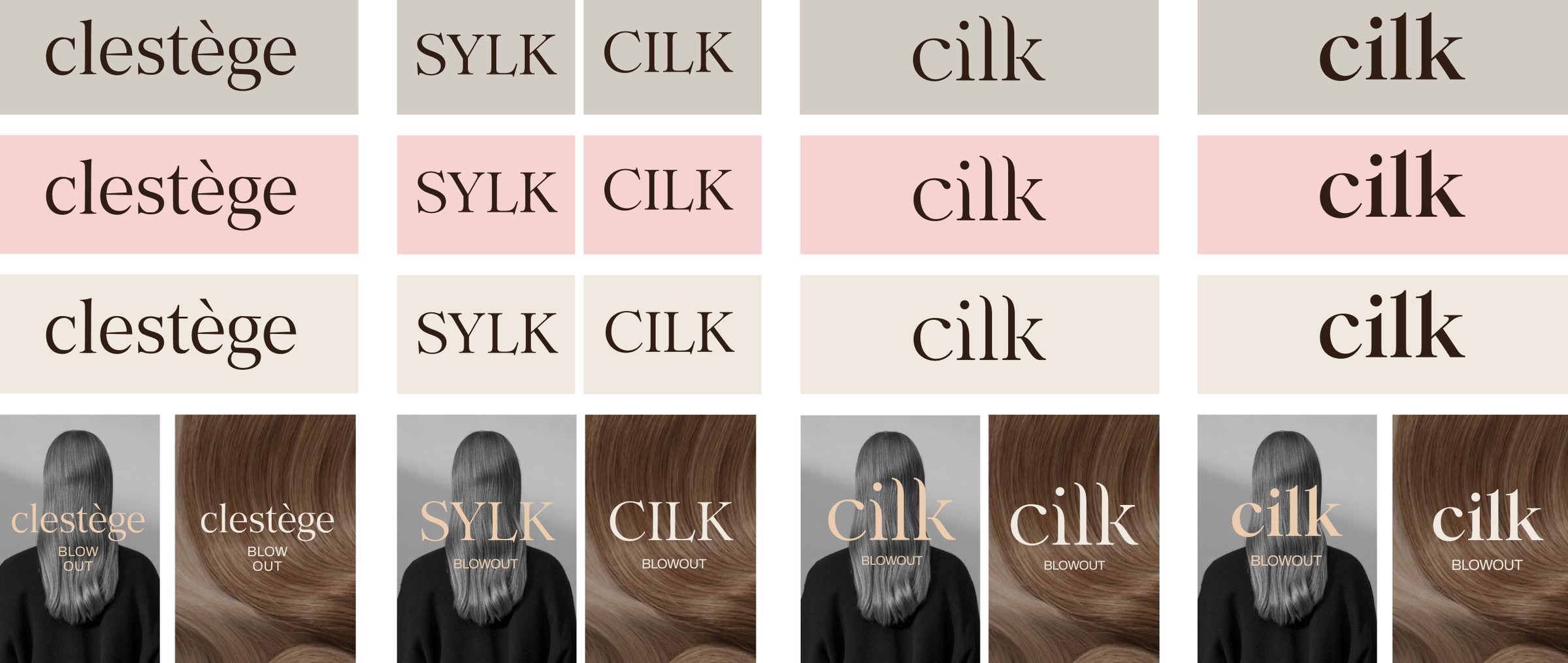 Concept II — the clestège, Sylk and Cilk name candidates explored in the neutral palette, with product mockups